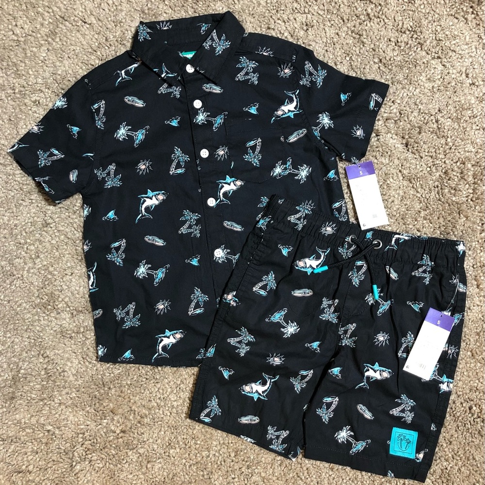 NWT Boys Button Down Shorts Set, Sharks, Sz 5